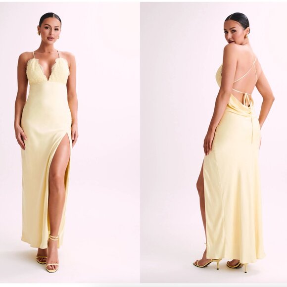 Satin Slip Maxi Dress With Lace - Lemon - Picture 2 of 2